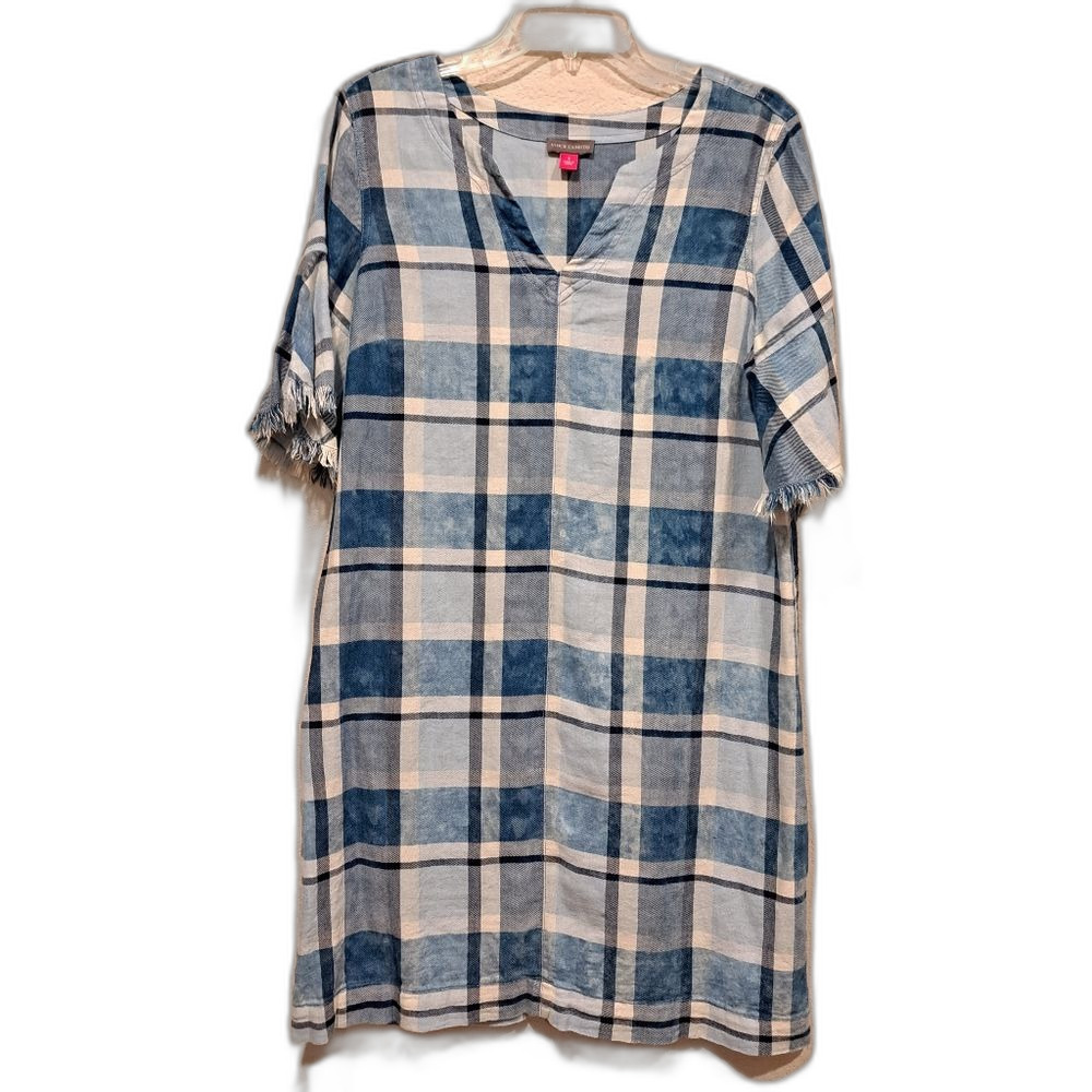 Vince Camuto Blue Plaid Shirt Dress Frayed Bell Sleeves V-Neck Casual size small